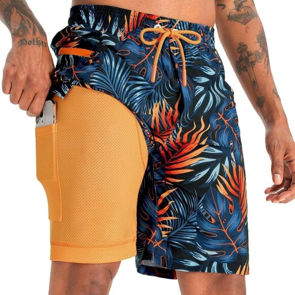 2 in 1 Men's Swim Trunks 9" with Zipper Pockets Bathing Suit Built-in Board Shor